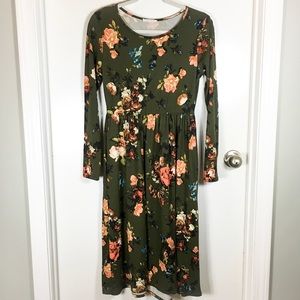 Olive Green Fall Floral Midi Dress